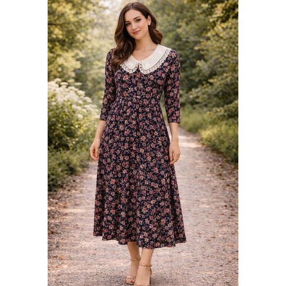 Dresses & Skirts - Vintage Prairie Floral Midi Dress Lace Peter Pan Collar Cottagecore Size Medium